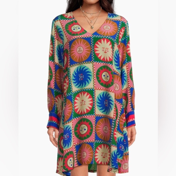 Johnny Was Lionora V-Neck Silk Swing Slip Dress Long Sleeve Sun Print NWT $378 - Picture 3 of 16